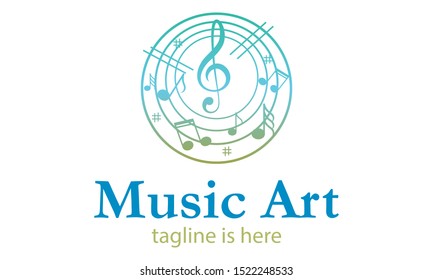 Music note with line staff circle shape logo icon outline stroke set dash line design illustration isolated on white background with music note text and copy space