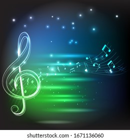 Music note with line staff circle shape logo icon outline stroke set dash line design illustration isolated on dark blue background with music note text and copy space