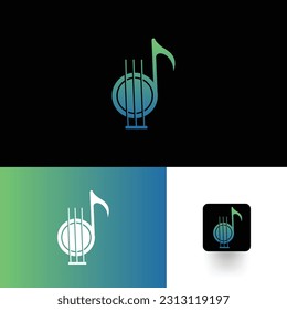 Music note with line staff circle shape logo icon. Acoustic guitar icon and symbol, with emblem vector illustration design