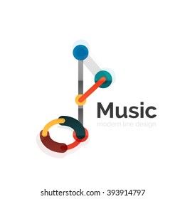 Music note logo, flat thin line geometric design isolated on white