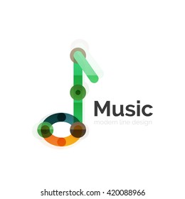 Music note logo, flat thin line geometric design isolated on white