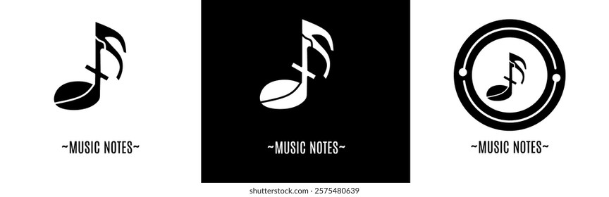 Music note logo set. Collection of black and white logos. Stock vector.