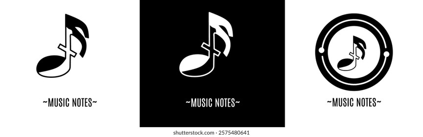 Music note logo set. Collection of black and white logos. Stock vector.