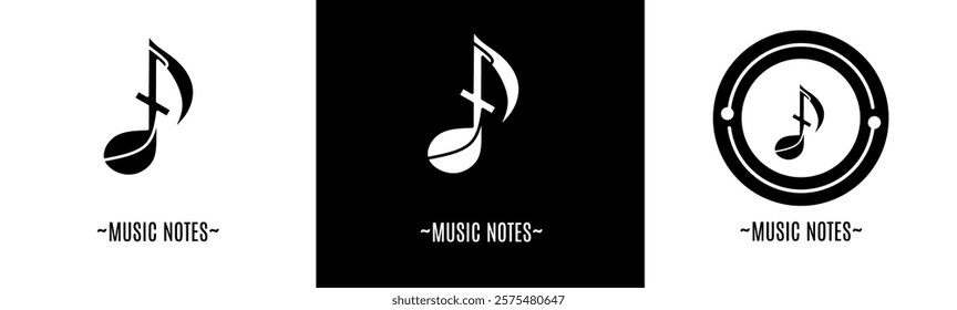 Music note logo set. Collection of black and white logos. Stock vector.