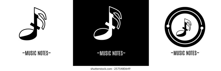 Music note logo set. Collection of black and white logos. Stock vector.