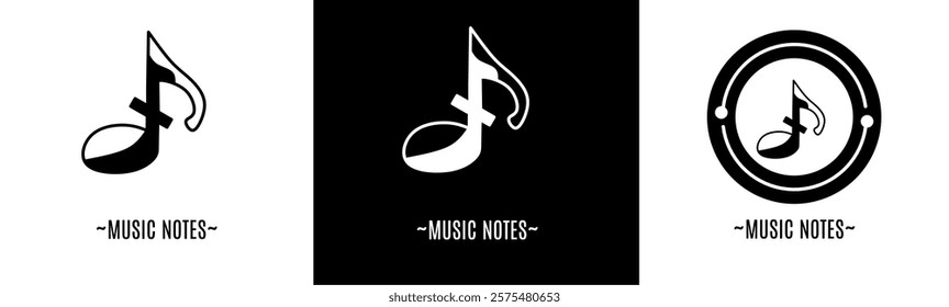 Music note logo set. Collection of black and white logos. Stock vector.