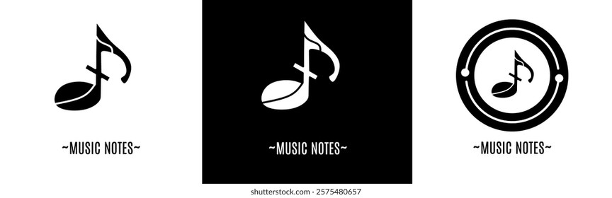 Music note logo set. Collection of black and white logos. Stock vector.