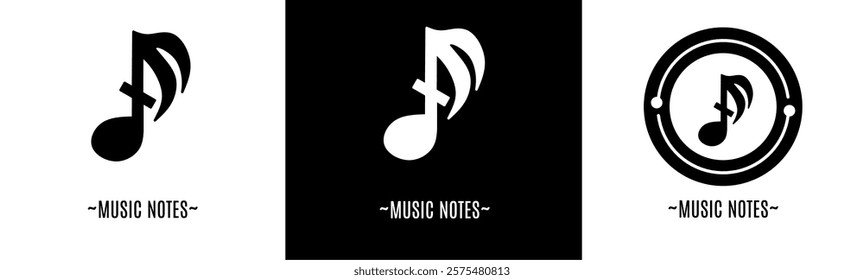Music note logo set. Collection of black and white logos. Stock vector.