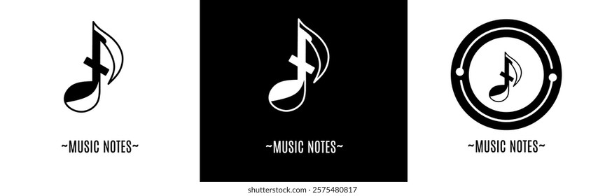 Music note logo set. Collection of black and white logos. Stock vector.