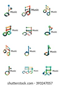 Music note logo set, flat thin line geometric icons isolated on white