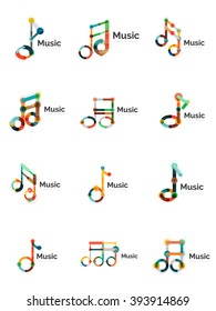 Music note logo set, flat thin line geometric icons isolated on white