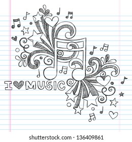 Music Note I Love Music Back to School Sketchy Notebook Doodles- Hand-Drawn Illustration Design Elements on Lined Sketchbook Paper Background