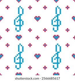 Music note and love heart,Cross Stitch embroidery seamless pattern background. vintage retro style.Pixel ethnic design.Beautiful folk art abstract design for products, fabric,tile,print,decorate.