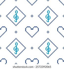 Music note and love heart,Cross Stitch embroidery seamless pattern background,vintage,retro style.Pixel ethnic design.Beautiful folk art abstract design for products, fabric,tile,print,decorate.