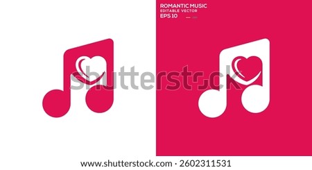 Music note and love logo. Care, instrument, heart, romantic. Vector icon symbol design template EPS 10.	