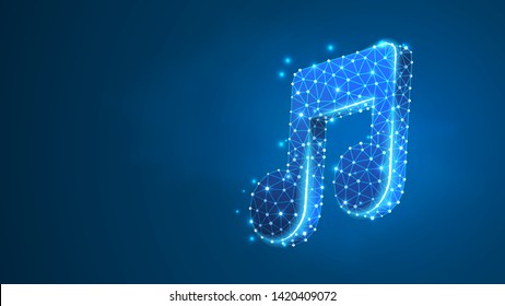 Music note, melody symbol. Polygonal technology concept of healthcare, cardio check. Abstract, digital, wireframe low poly mesh vector blue neon 3d illustration. Triangle line dot