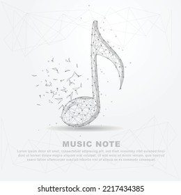 Línea de malla y composición de notas musicales dibujadas digitalmente con forma de triángulo de pieza roto y puntos dispersos con marco de alambre de polos bajo.
