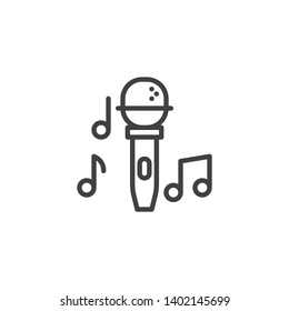 Music note microphone line icon. linear style sign for mobile concept and web design. Karaoke mic outline vector icon. Symbol, logo illustration. Vector graphics