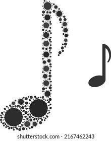 Music note mosaic icon. Vector mosaic is done of random coronavirus elements. Coronavirus collage music note icon. Music note mosaic for pandemic templates.