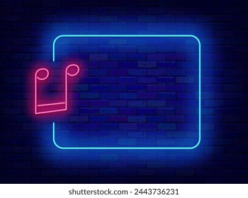 Music note neon advertising. Sound symbol and empty turquoise frame. Music listening and record studio. Concert event. Copy space. Glowing banner. Editable stroke. Vector stock illustration