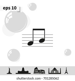 Music note on stave. Flat illustration.