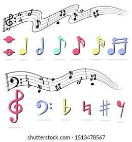 Music note on white background. Multicolor flat symbol set. Concept of Lover music.