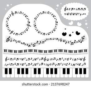 Music note and piano illustration frames, keyboard and sheet music design materials