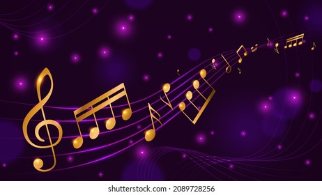 Music note poster. Gold abstract melody wavy horizontal banner, smooth shining musical notes background, classical symphony concert announcement, glowing stars purple
