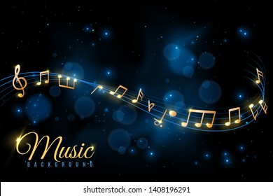 Music note poster. Musical background, musical golden notes swirling. Jazz album, classical symphony concert announcement flyer vector concept