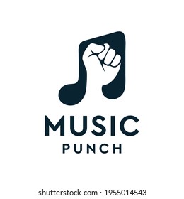 Music note with punch arm logo design vector concept. Logo can be used for icon, brand, identity, anger, sound, hobby, strong, poster, fight, shape, audio, and business company