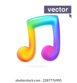 Nota musical logo de color arcoiris. Estilo de caricatura de plástico. Estilo de representación 3D vectorial emblema colorido brillante. Perfecto para aplicaciones creativas lindas, diseño moderno de vida nocturna, vibrante publicidad de blockchain.