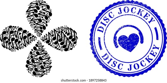 Music note rotation composition, and blue round DISC JOCKEY corroded stamp with icon inside. Object flower with 4 petals designed from oriented music note symbols. Vector flower collage in flat style.