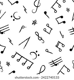 Music note seamless background on a white background.Music doodle signs.