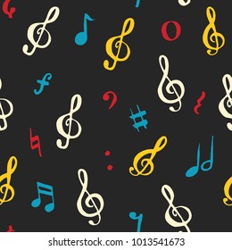 Music note seamless pattern vector illustration. Hand drawn sketched doodle music notes symbols.