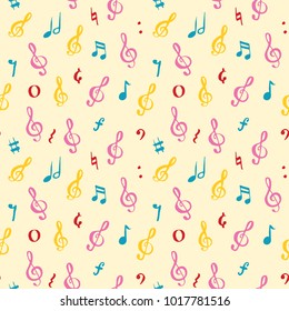 Music note seamless pattern vector illustration. Hand drawn sketched doodle music notes symbols.