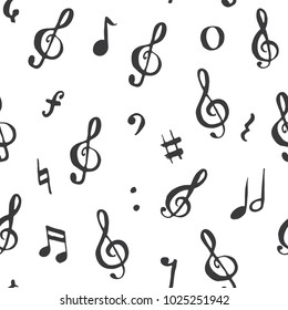 Music note seamless pattern vector illustration. Hand drawn sketched doodle music notes symbols.