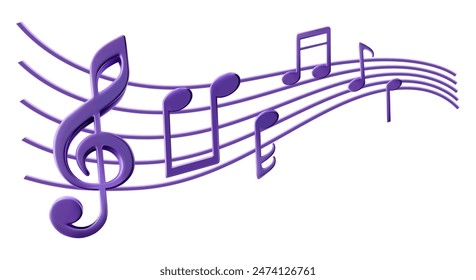 Music note sheet, lines of staff for musical concert, karaoke singing or radio listening. Wavy swirl as melody flow. Illustration in 3d cartoon, shiny metallic render. Jazz band, rock roll party dance