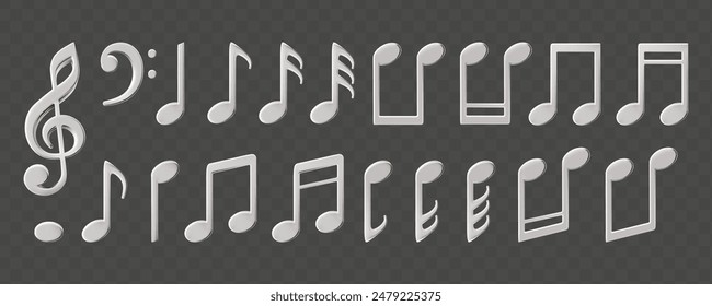 Notenblatt, Linien des Personals für Musikkonzert, Karaoke-Gesang oder Radio-Hören. Schlüsselsymbole Dekoration für Musikschule oder Festivalplakat. Silberner Bass und Höhen-Schlüssel, halbe Viertelnoten.