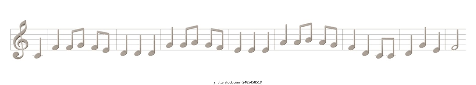 Music note sheet, staff lines for musical concert, karaoke singing or radio listening. Merry Xmas song notation. 3d rhythm emoticon collection. Silver harmony node, design border for festival poster.