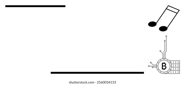 A music note is shown at the top right corner with a Bitcoin logo surrounded by circuit lines at the bottom right. Ideal for financial technology, cryptocurrency, music, digital art, and minimalism