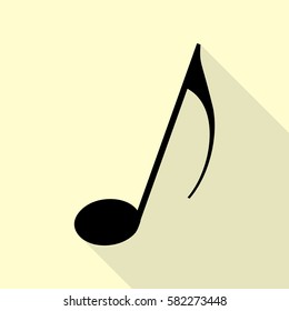 Music note sign. Black icon with flat style shadow path on cream background.