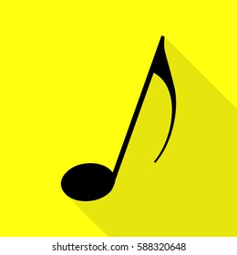 Music note sign. Black icon with flat style shadow path on yellow background.