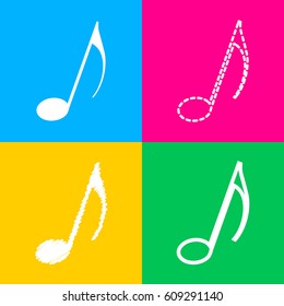 Music note sign. Four styles of icon on four color squares.