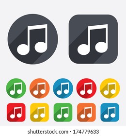 Music note sign icon. Musical symbol. Circles and rounded squares 12 buttons. Vector