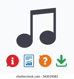 Music note sign icon. Musical symbol. Information think bubble, question mark, download and report.