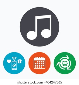 Music note sign icon. Musical symbol. Mobile payments, calendar and wifi icons. Bus shuttle.