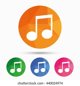 Music note sign icon. Musical symbol. Triangular low poly button with flat icon. Vector