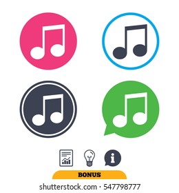 Music note sign icon. Musical symbol. Report document, information sign and light bulb icons. Vector