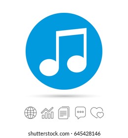 Music note sign icon. Musical symbol. Copy files, chat speech bubble and chart web icons. Vector