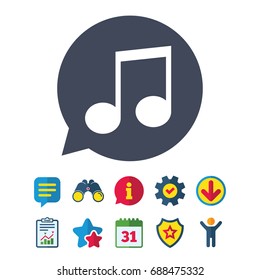 Music note sign icon. Musical symbol. Information, Report and Speech bubble signs. Binoculars, Service and Download, Stars icons. Vector